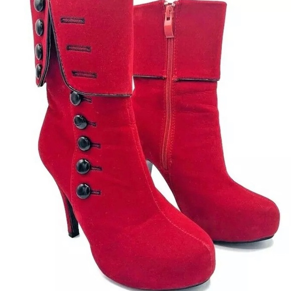 Crape Myrtle Red Velvet Heel Boots with Buttons - Picture 1 of 12
